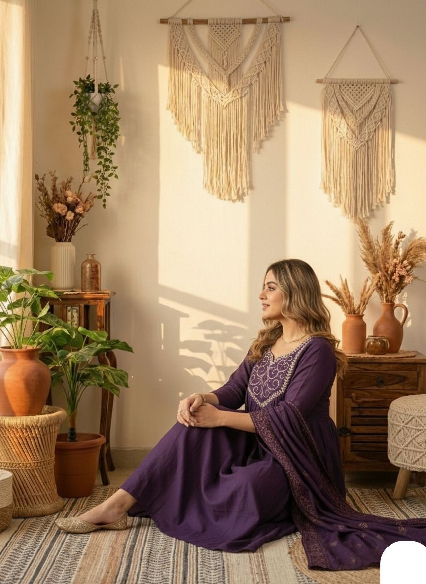 Chanderi Silk Neck Embroidery Work Flair Kurta Pant Dupatta Set (Ready to Wear)