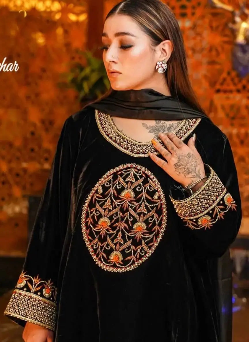Winter Special Designer Black Velvet Kurti Pant Dupatta Set - Premium from Ethenika.com - Just INR 2590! Shop now at Ethenika.com
