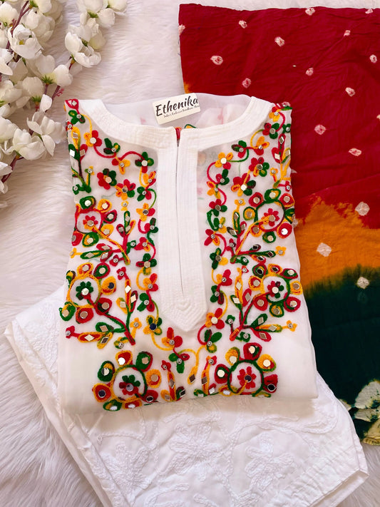 Cotton Thread Embroidery with Mirror Work Kurti Pant Dupatta Set - Premium  from Ethenika.com - Just INR 2190! Shop now at Ethenika.com