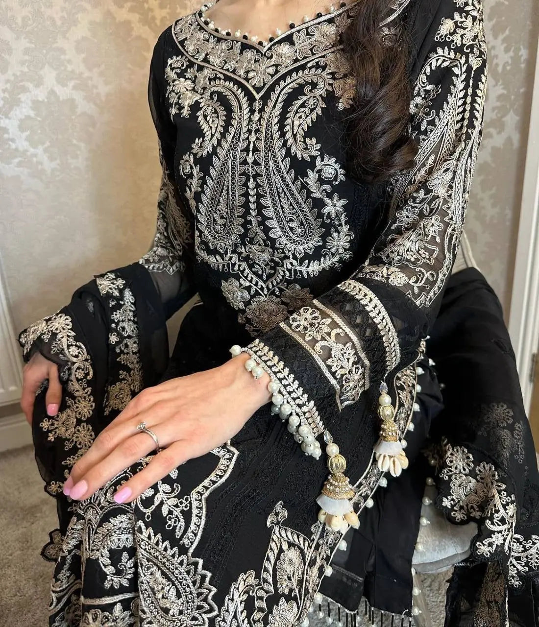 Georgette Zari Embroidery work Long Kurti Palazzo Dupatta Set - Premium from Ethenika.com - Just INR 2890! Shop now at Ethenika.com