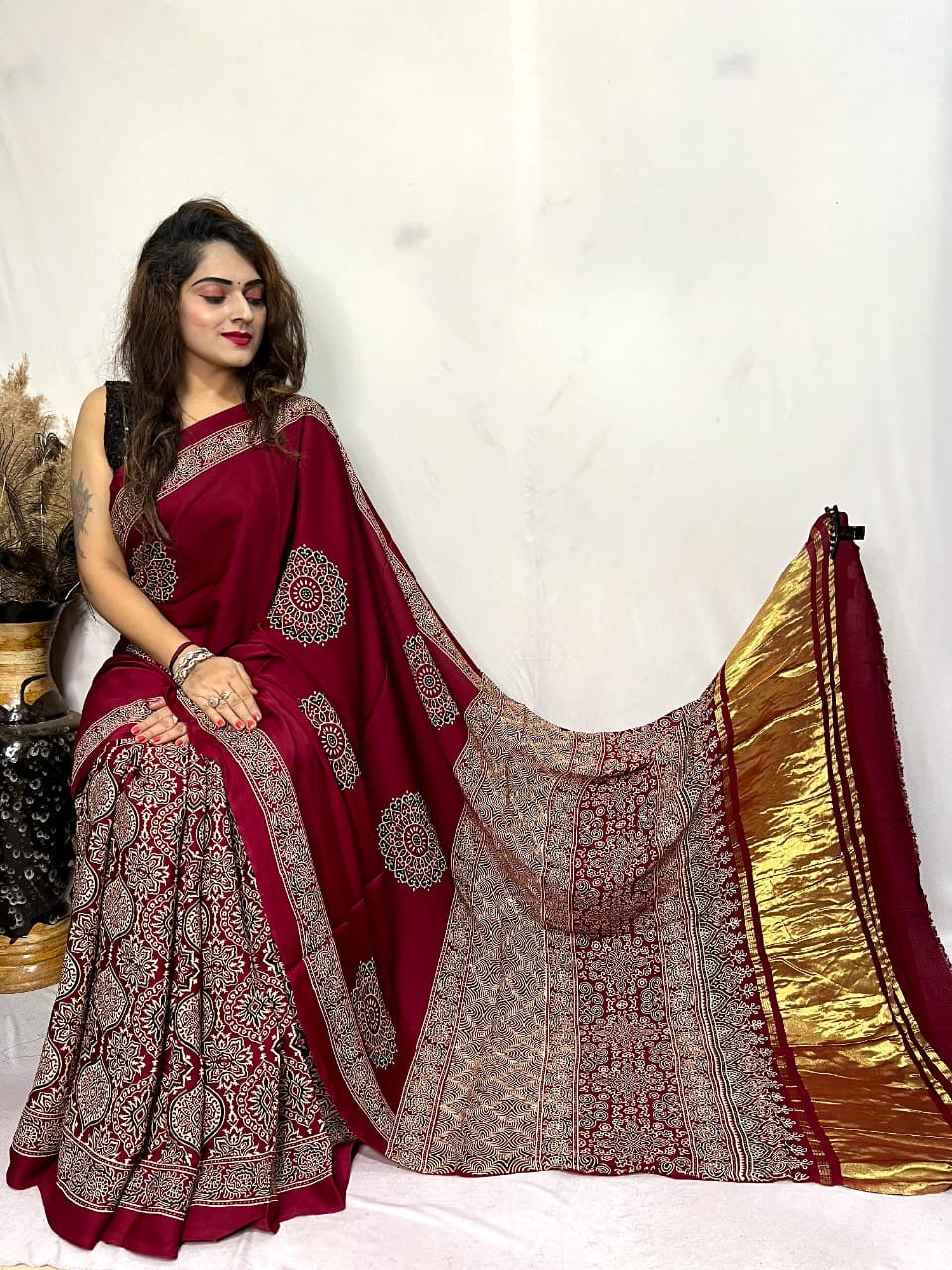 Fine Modal Silk Authetic Hand blocked Ajrakh Print Saree - Premium from Ethenika.com - Just INR 6590! Shop now at Ethenika.com