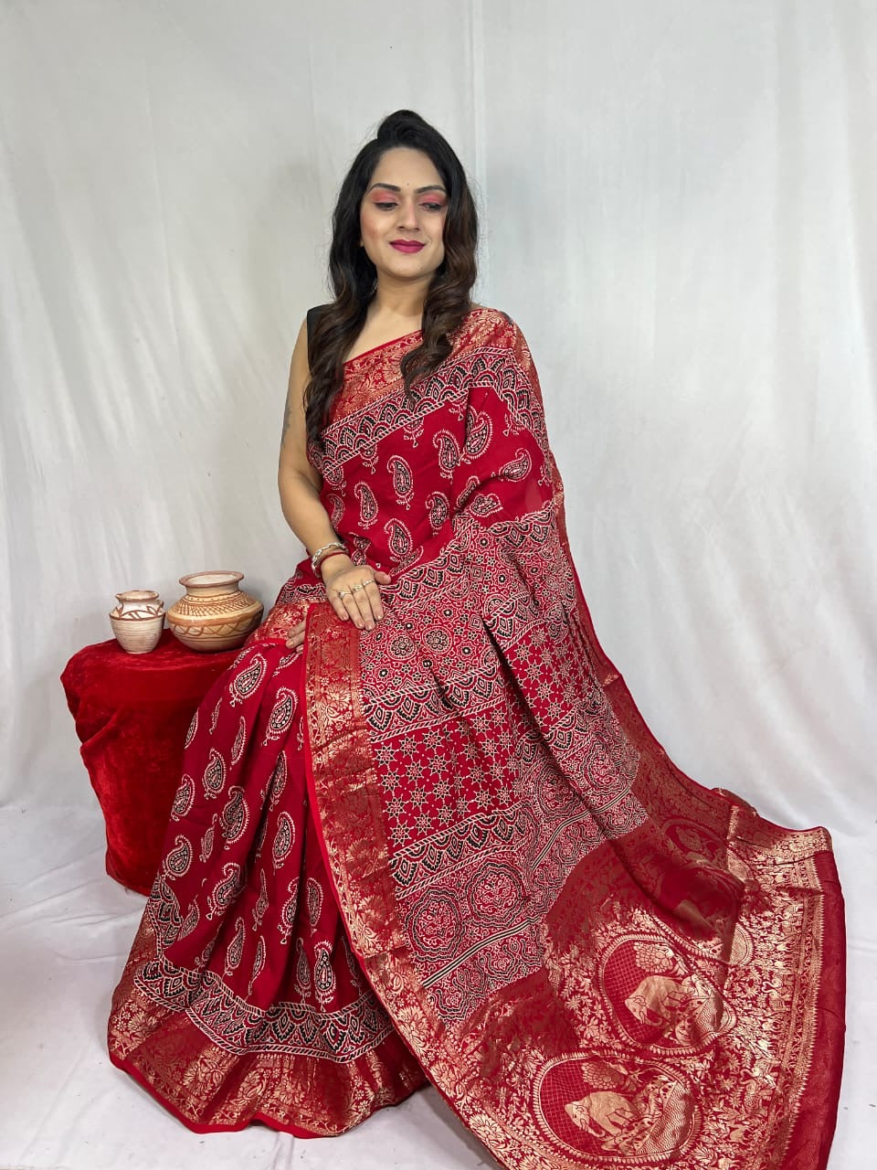 Dola Silk Original Handblocked Ajrakh work Saree - Premium from Ethenika.com - Just INR 6990! Shop now at Ethenika.com