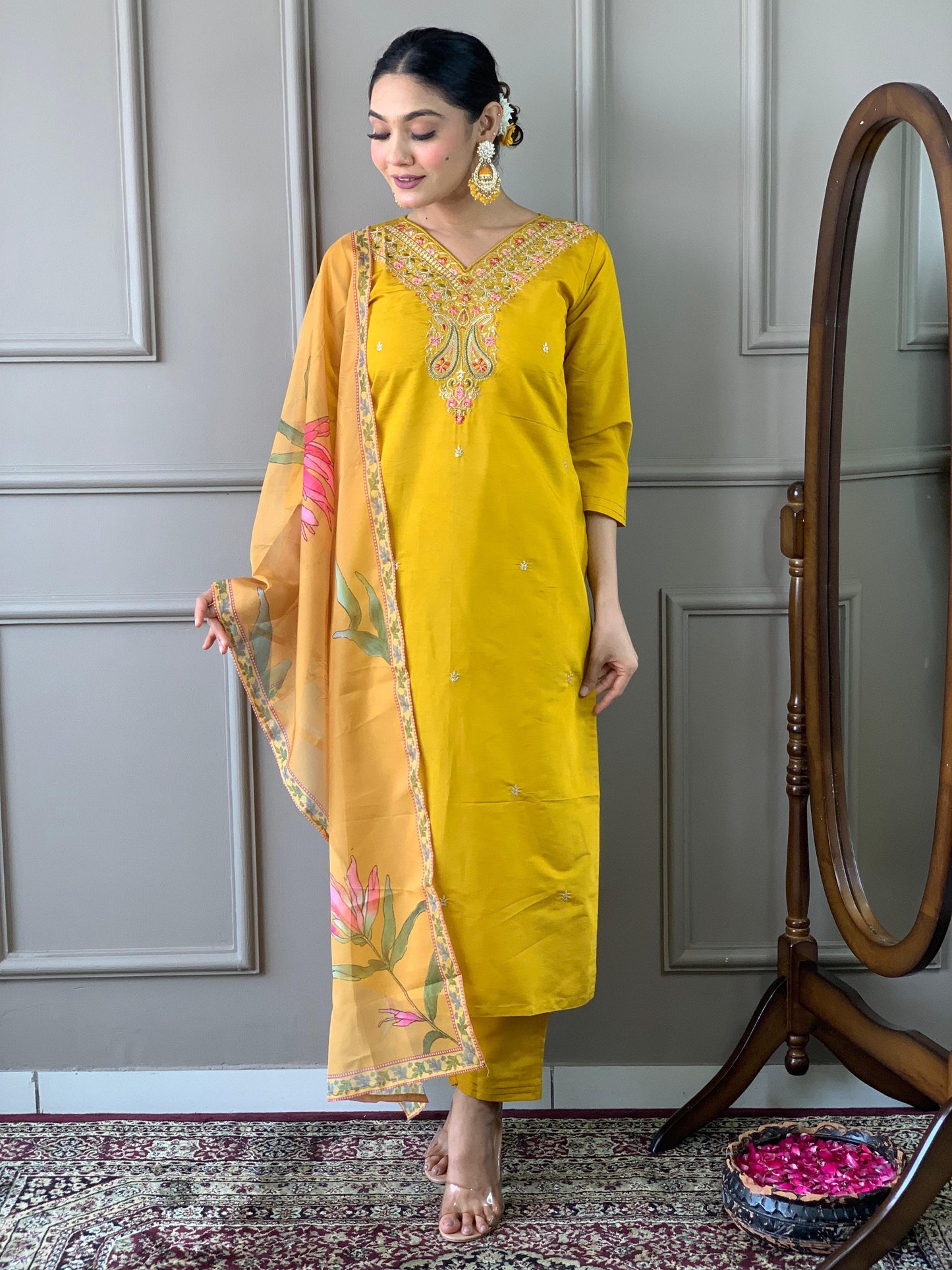 Viscos Chanderi Neck Stone Work Kurti Pant Dupatta Set (Stitched) - Premium from Ethenika.com - Just INR 2890! Shop now at Ethenika.com