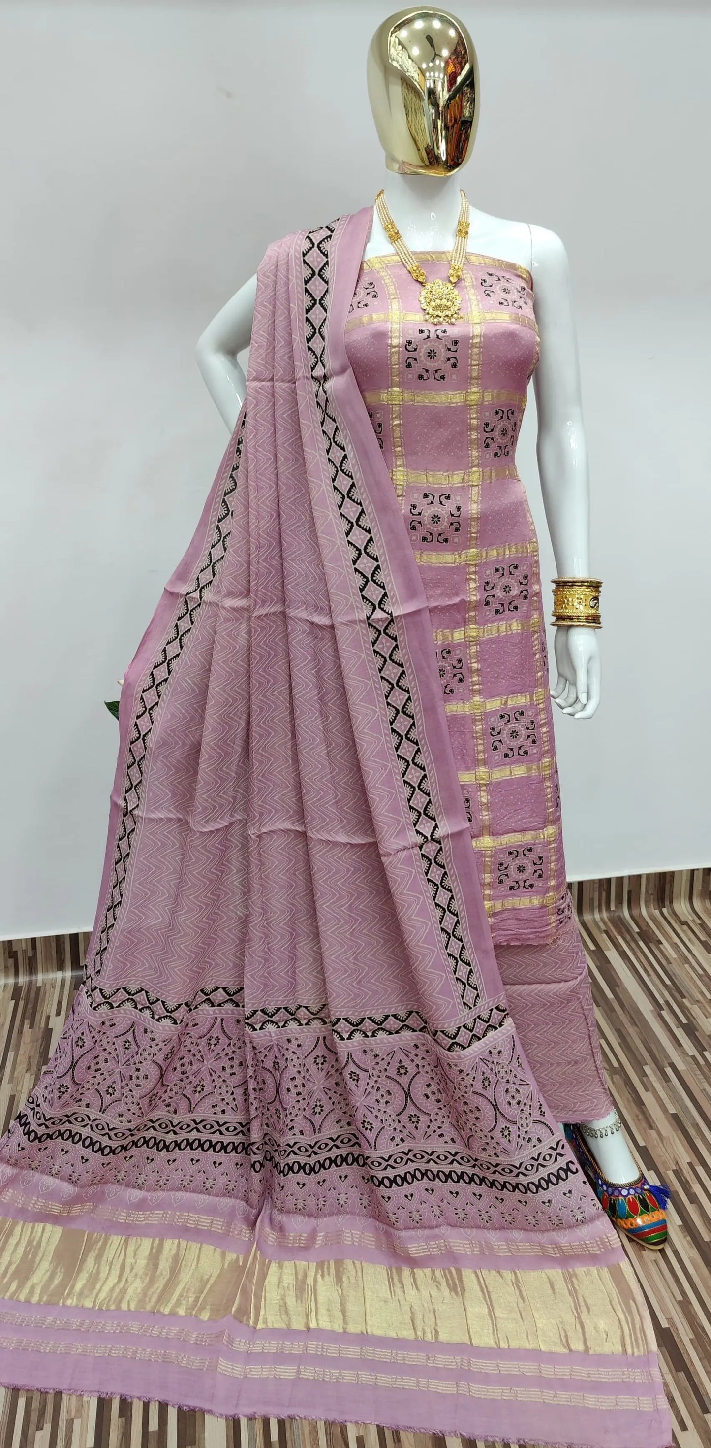 Ghazi Silk Golden Chex Hand print dress material - Premium from Ethenika.com - Just INR 6999! Shop now at Ethenika.com