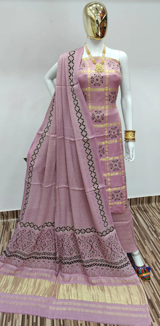Ghazi Silk Golden Chex Hand print dress material - Premium  from Ethenika.com - Just INR 6999! Shop now at Ethenika.com