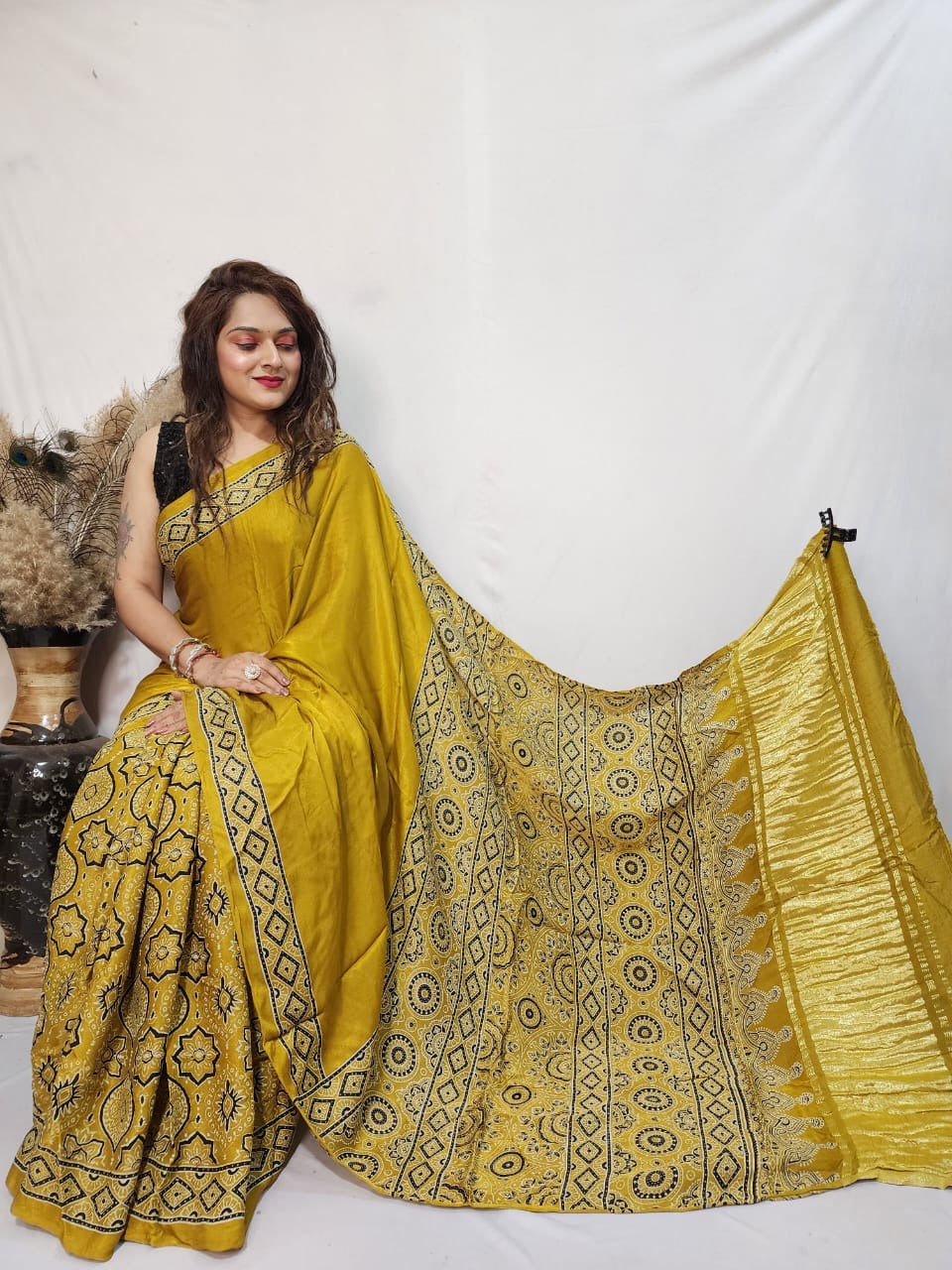 Fine Modal Silk Authetic Hand blocked Ajrakh Print Saree - Premium from Ethenika.com - Just INR 6590! Shop now at Ethenika.com