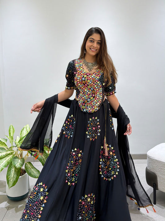 Black Rayon Mirror Work Chaniya Choli - front view