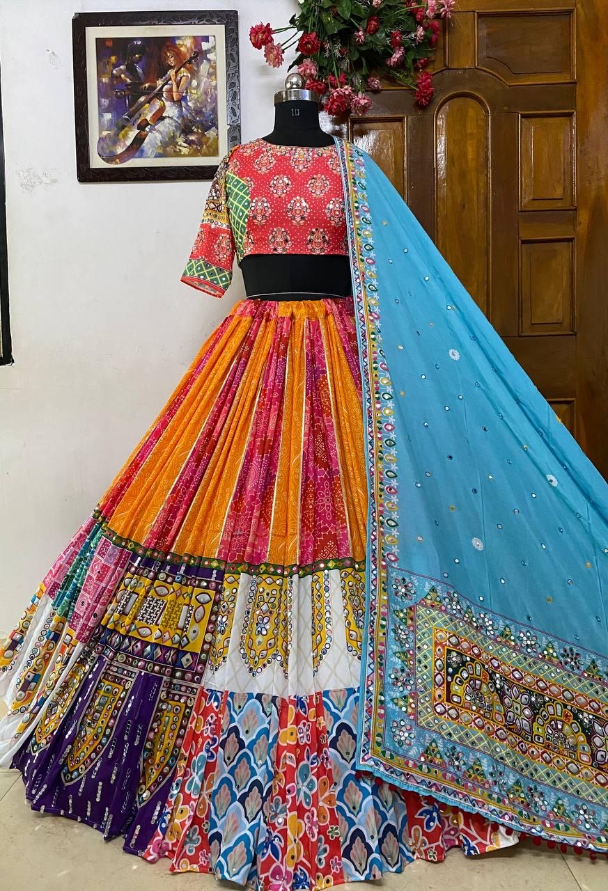 Muslin Digital Print with Mirror Work Designer Chaniya Choli for Navratri Dandiya