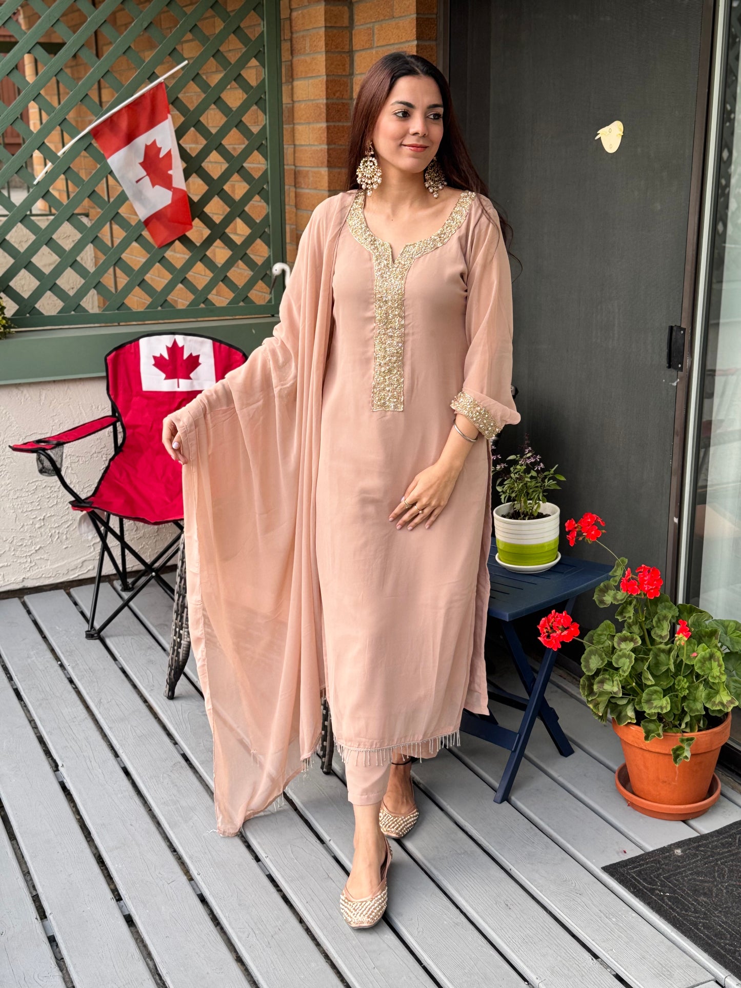 Faux Georgette Neckline Moti work Designer Kurti Pant Dupatta Set (Ready to Wear )