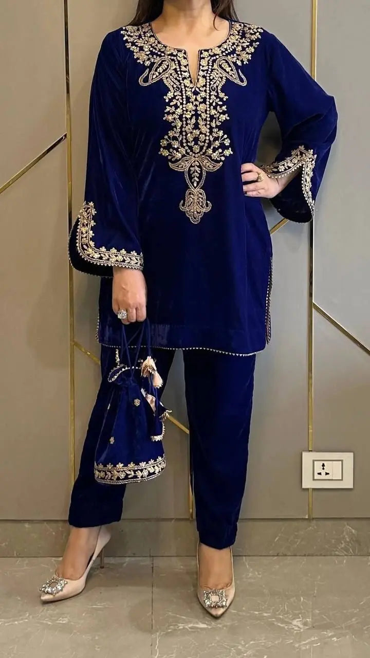 Neck Embroidery work Velvet Kurti Pant Set (Stitched) - Premium from Ethenika.com - Just INR 2190! Shop now at Ethenika.com