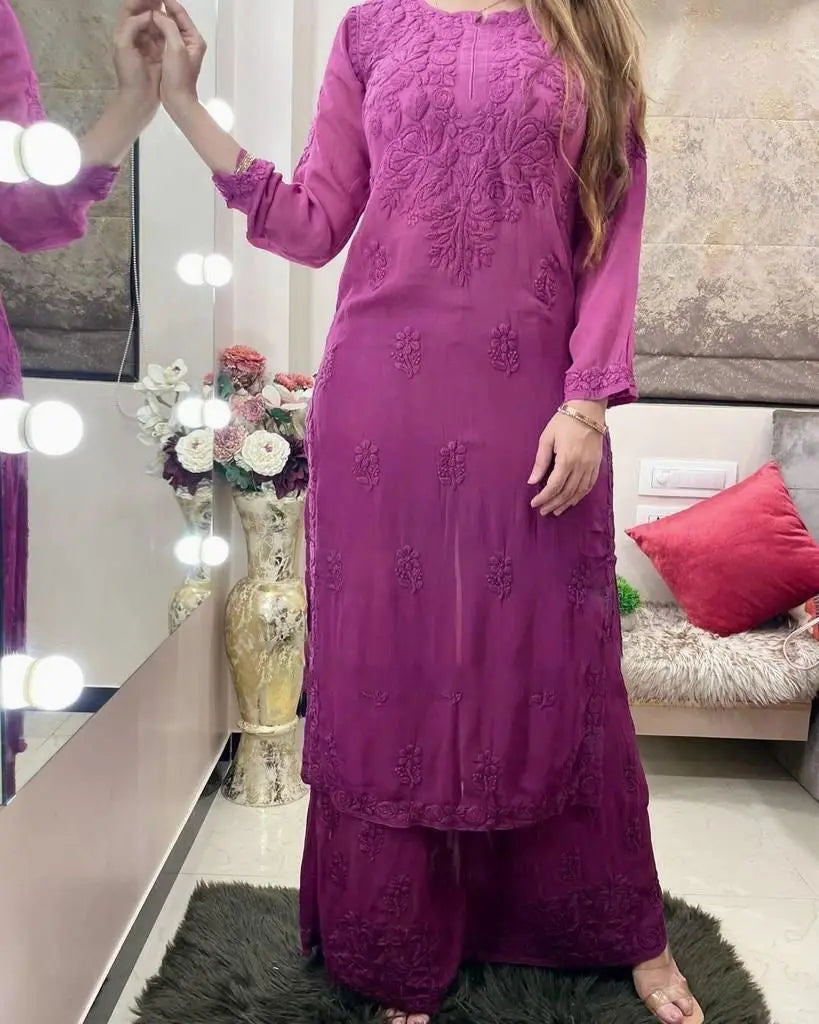 Rayon Chain Stitch Thread work Kurti Palazzo - Premium from Ethenika.com - Just INR 1790! Shop now at Ethenika.com