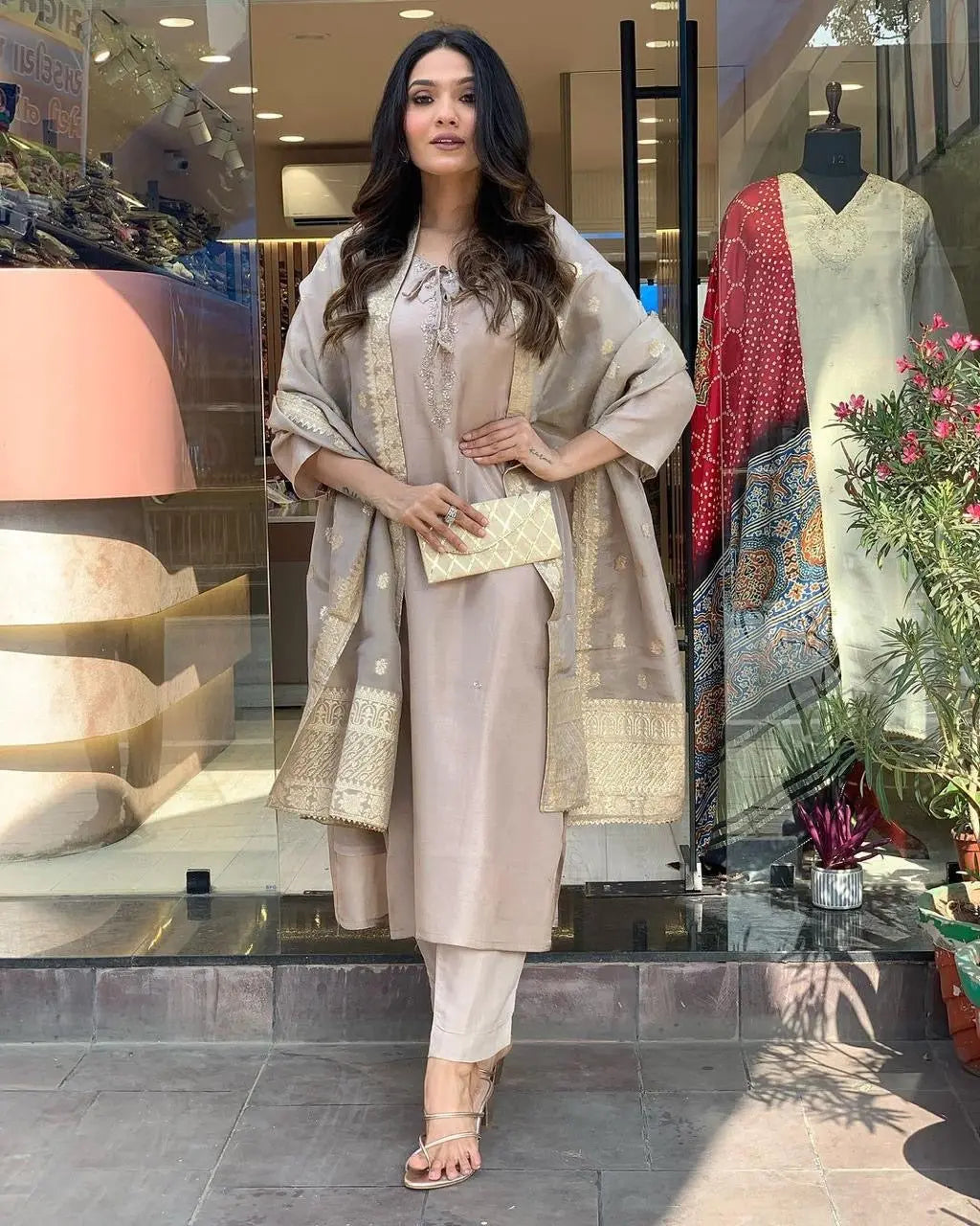 Roman Silk Jeckard Hand work Zari Weaving work Kurti Pant Dupatta Set (Stitched) - Premium from Ethenika.com - Just INR 2990! Shop now at Ethenika.com