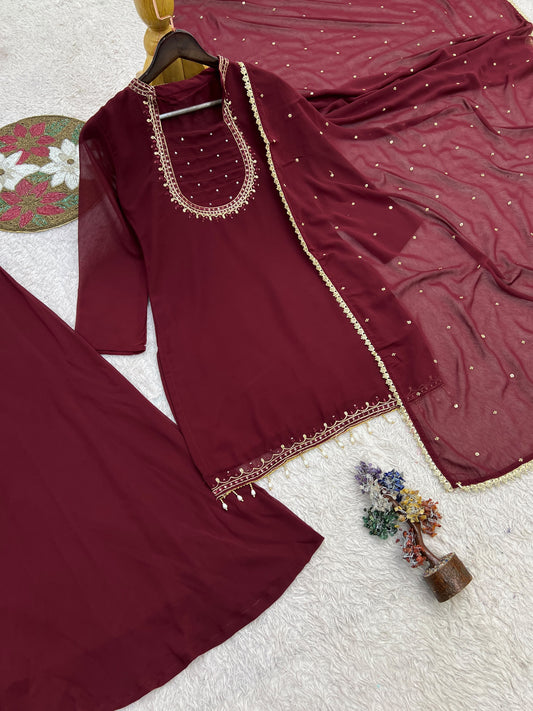 Faux Georgette Embroidery Kurti Sharara Set - Close-up of Embroidery and Stone Work