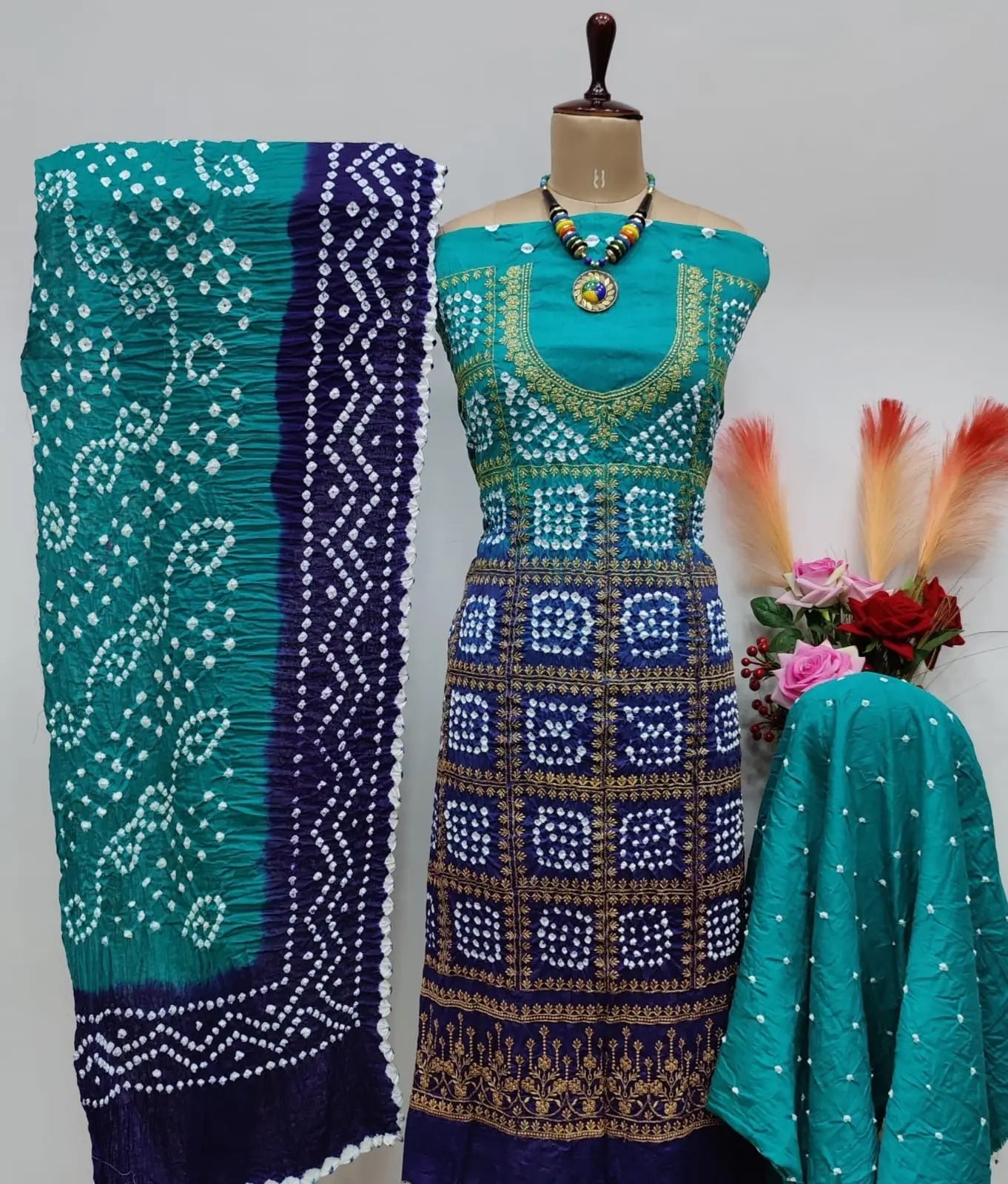 Cotton Satin Golden Thread Embroidery 3pc Kutch Bandhani Salwar Dress Material - Premium  from Ethenika.com - Just INR 2190! Shop now at Ethenika.com