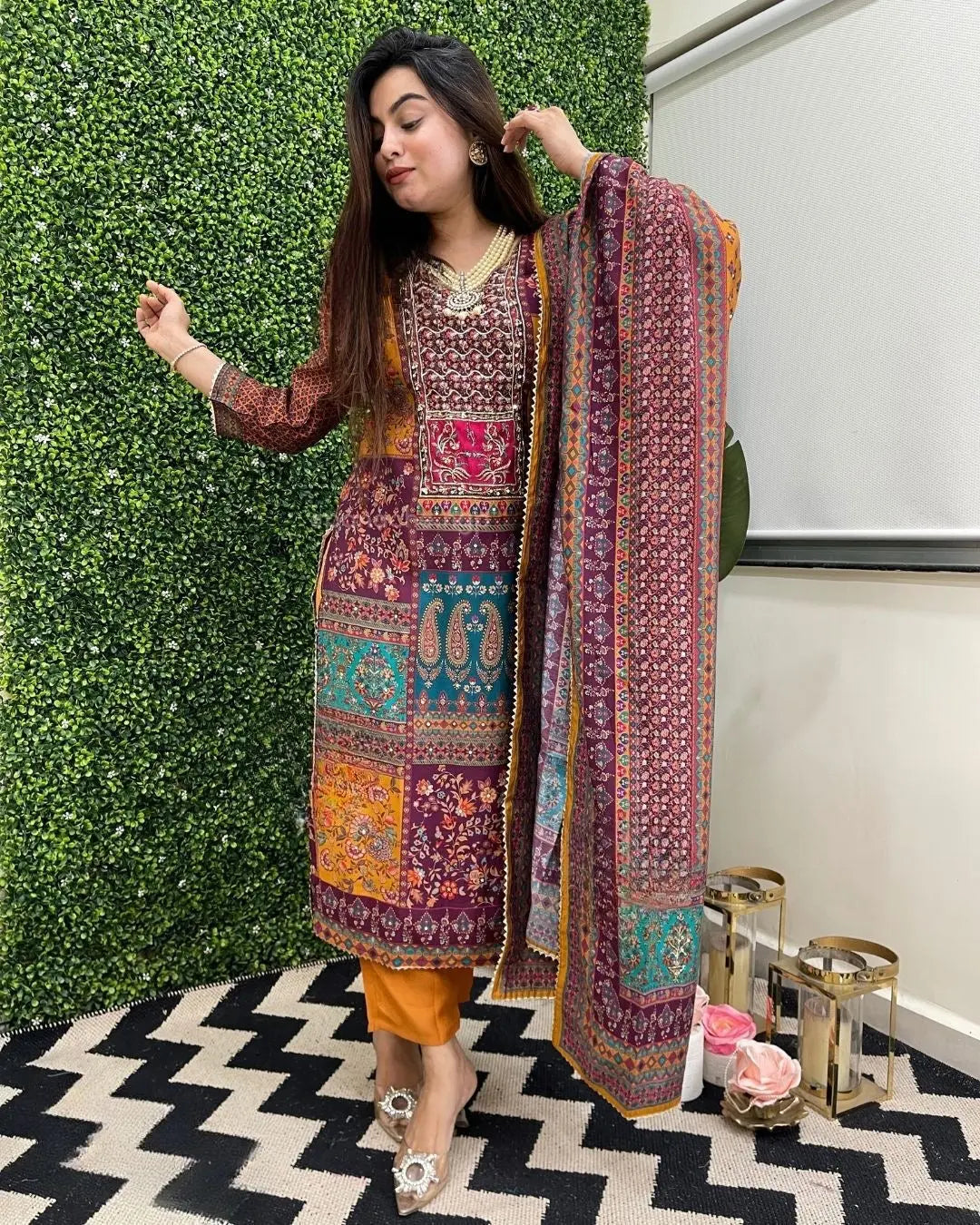 Muslin Real Mirror work Digital Print Party wear Kurti Pant Dupatta set - Premium from Ethenika.com - Just INR 2790! Shop now at Ethenika.com