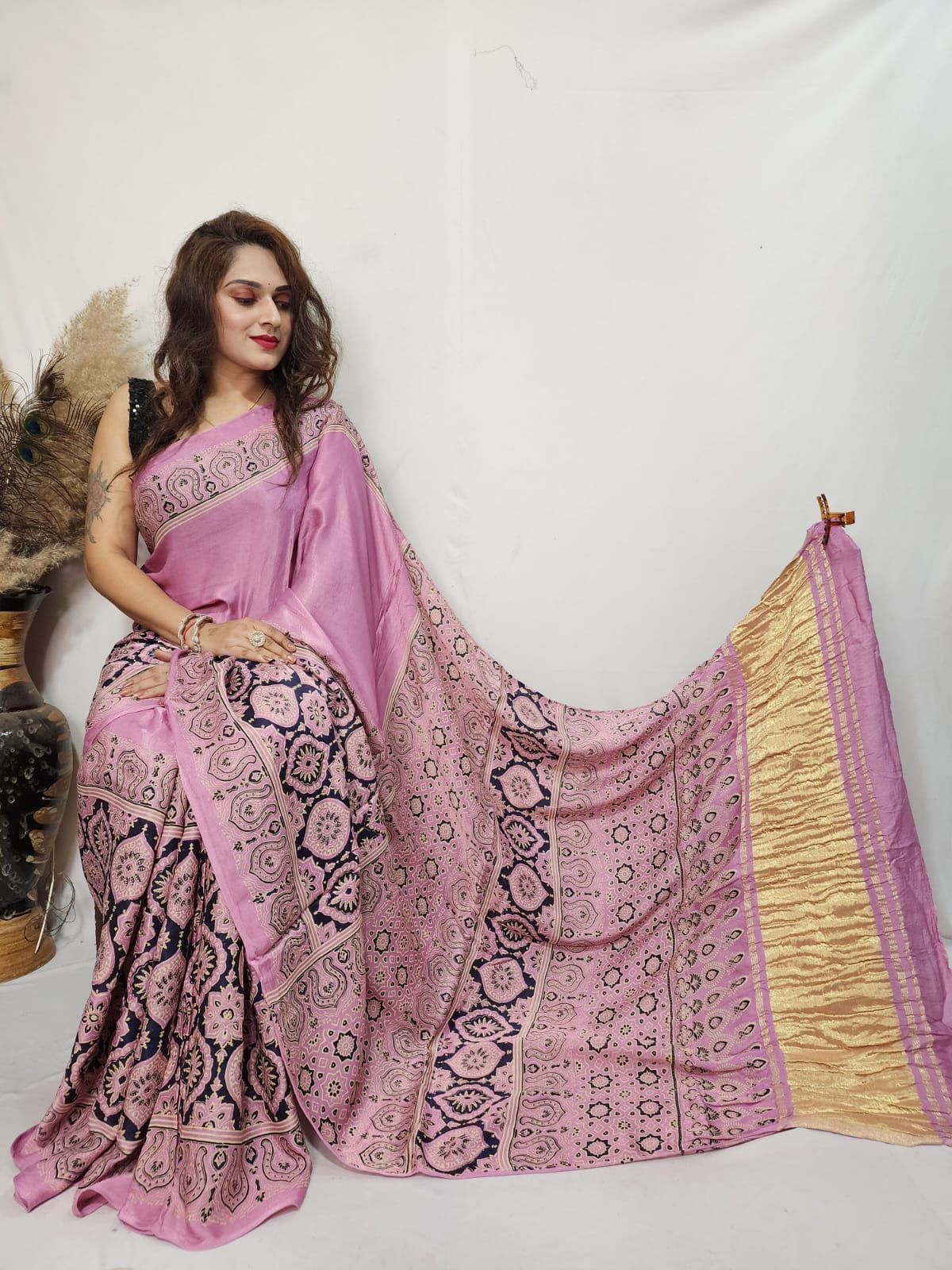 Fine Modal Silk Authetic Hand blocked Ajrakh Print Saree - Premium from Ethenika.com - Just INR 6590! Shop now at Ethenika.com
