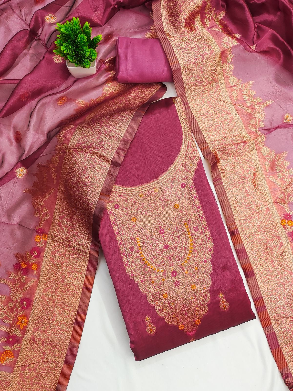 Chanderi Silk Jeckquard Weaving Work 3Pc Dress Material for Women (Unstitched)