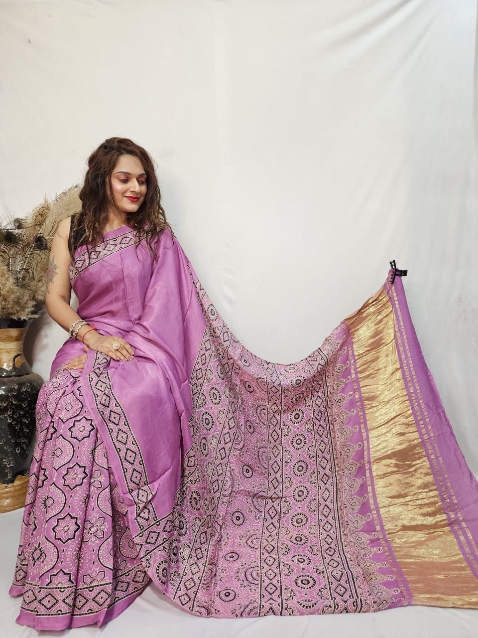 Fine Modal Silk Authetic Hand blocked Ajrakh Print Saree - Premium from Ethenika.com - Just INR 6590! Shop now at Ethenika.com