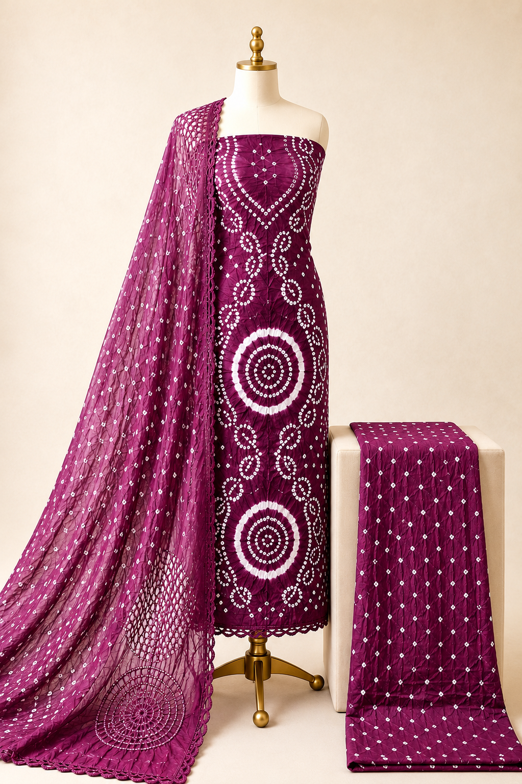 Cotton Satin Authentic Handmade Kutch 3Pc Bandhani Dress Material