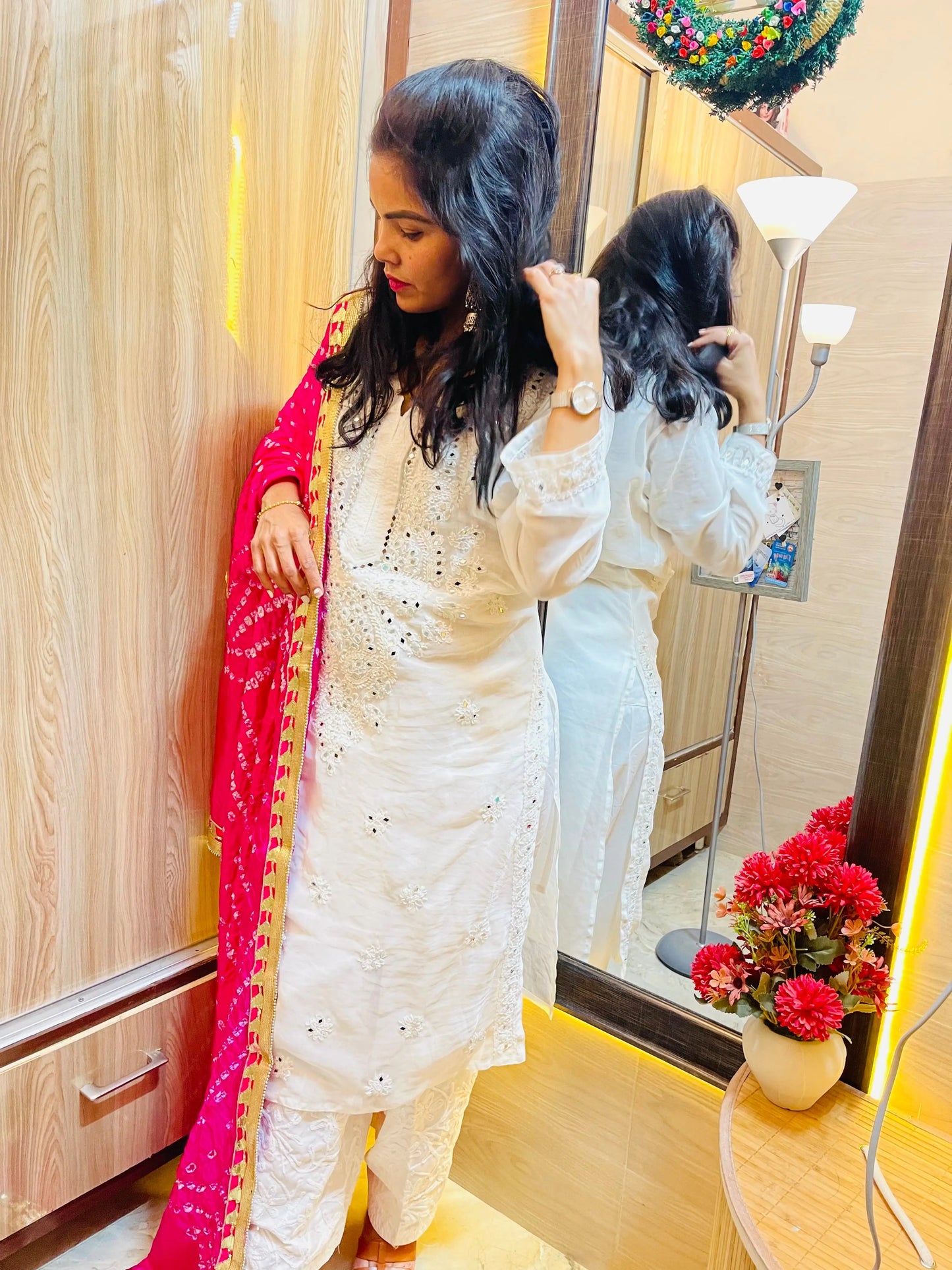 Mirror work Chikankari Kurti with Bandhani Dupatta Pant Set - Premium from Ethenika.com - Just INR 2490! Shop now at Ethenika.com