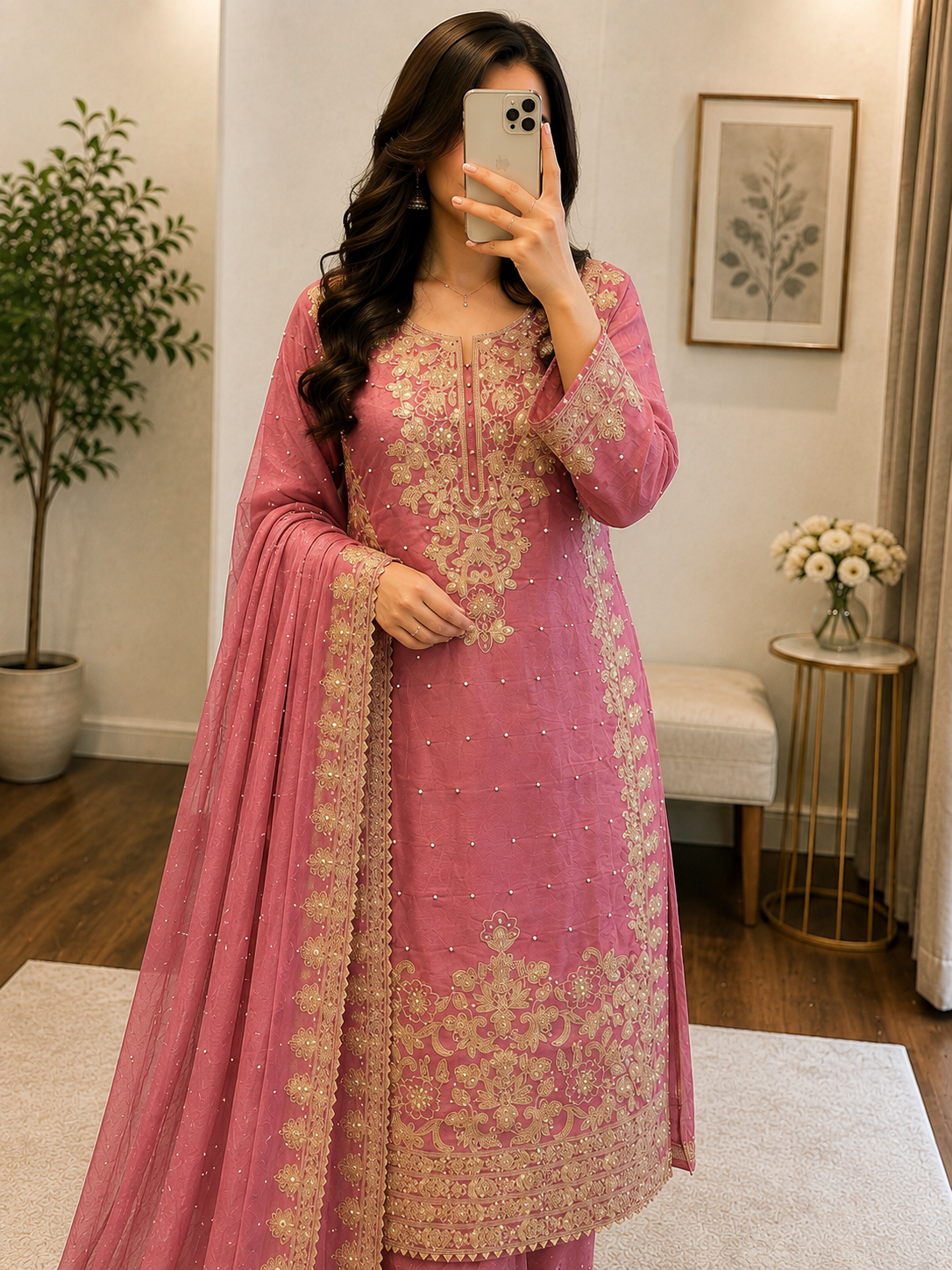 Moti Work Designer Kurti Set โ GMY Silk Embroidered 3Pc Suit with Palazzo & Dupatta