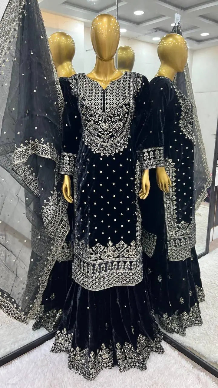 Ethenika Silver Thread Embroidery work Reasdy to wear Velvet Kurti Sharar Set - Premium from Ethenika.com - Just INR 4990! Shop now at Ethenika.com