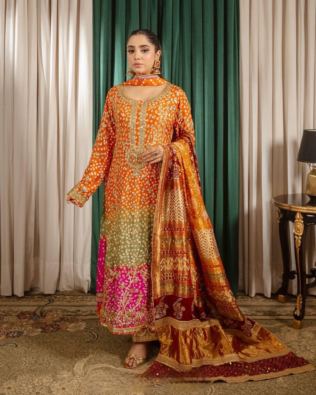Chinon Silk Digital Bandhani Print with Sequence Embroidery work Party Wear Kurti Pant Dupatta Set (Ready to Wear)