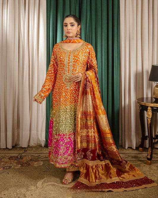 Chinon Silk Digital Bandhani Print with Sequence Embroidery work Party Wear Kurti Pant Dupatta Set (Ready to Wear)