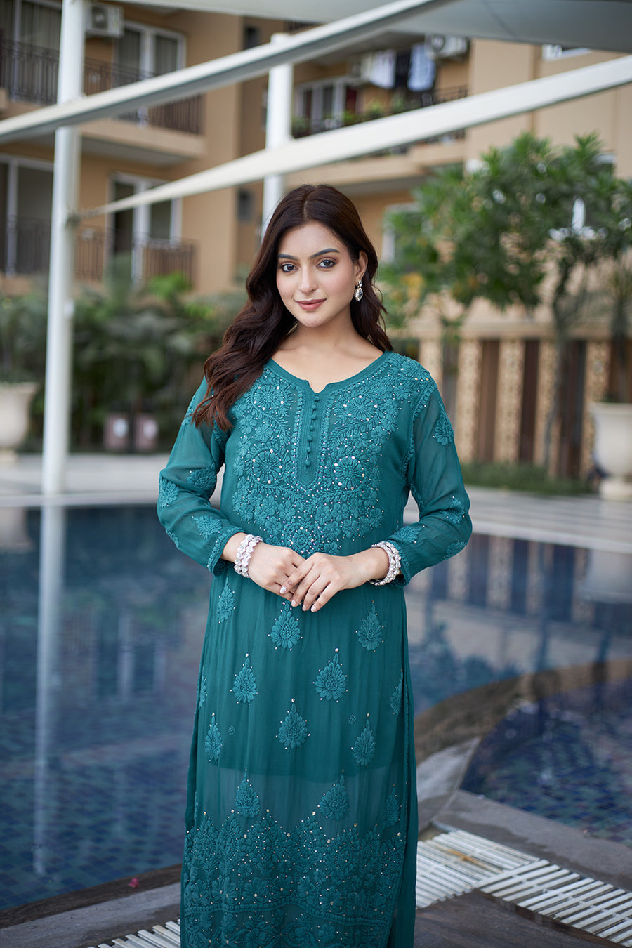 Georgette Mirror Work Chikankari Kurti Palazzo (Ready To Wear) - Premium from Ethenika.com - Just INR 2590! Shop now at Ethenika.com