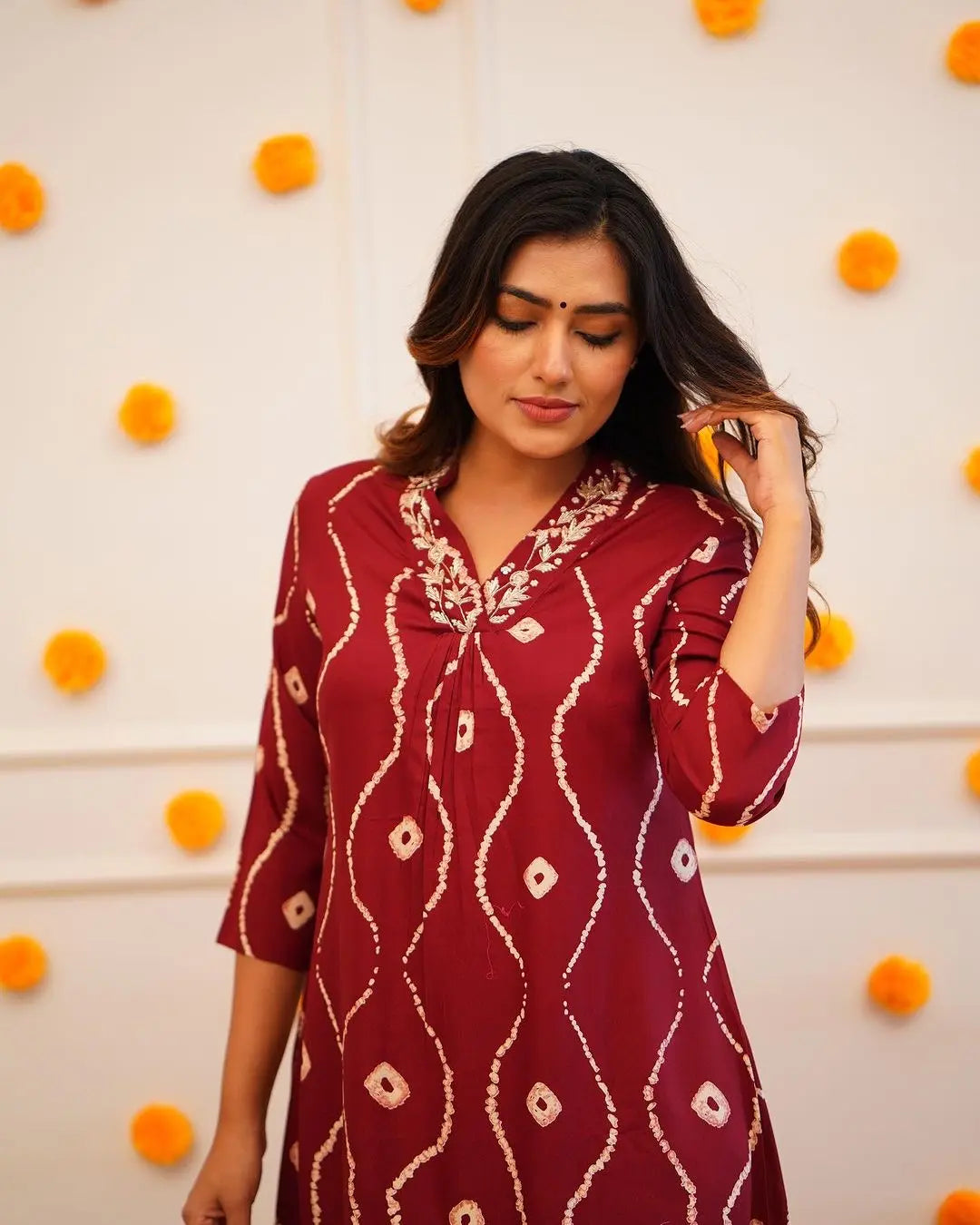 Neckline Thread Work Leheriya Kurti Pant Set (Stitched) - Premium from Ethenika.com - Just INR 1990! Shop now at Ethenika.com