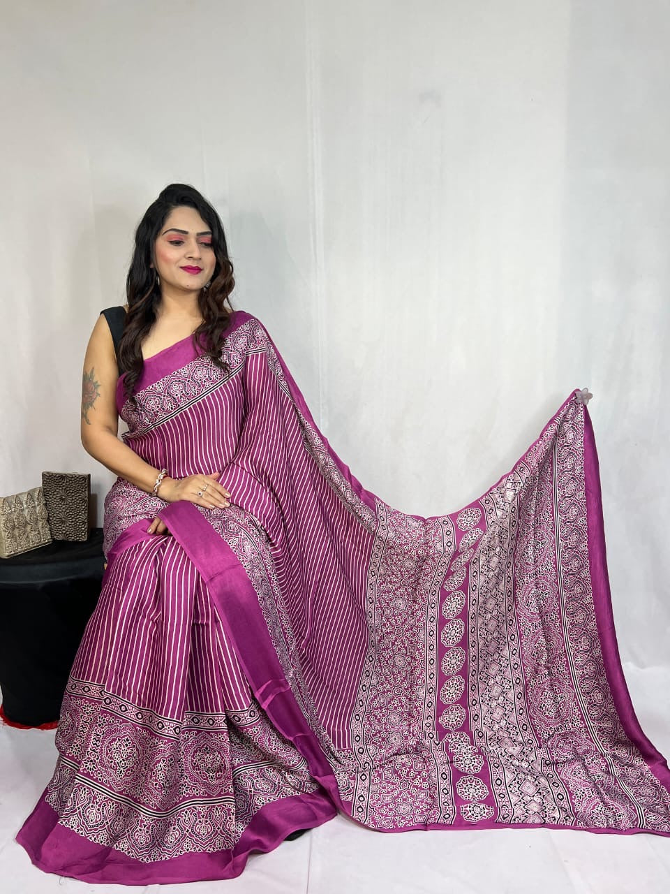 Modal Silk Authentic Hand Blocked Ajrakh work Saree - Premium from Ethenika.com - Just INR 3990! Shop now at Ethenika.com
