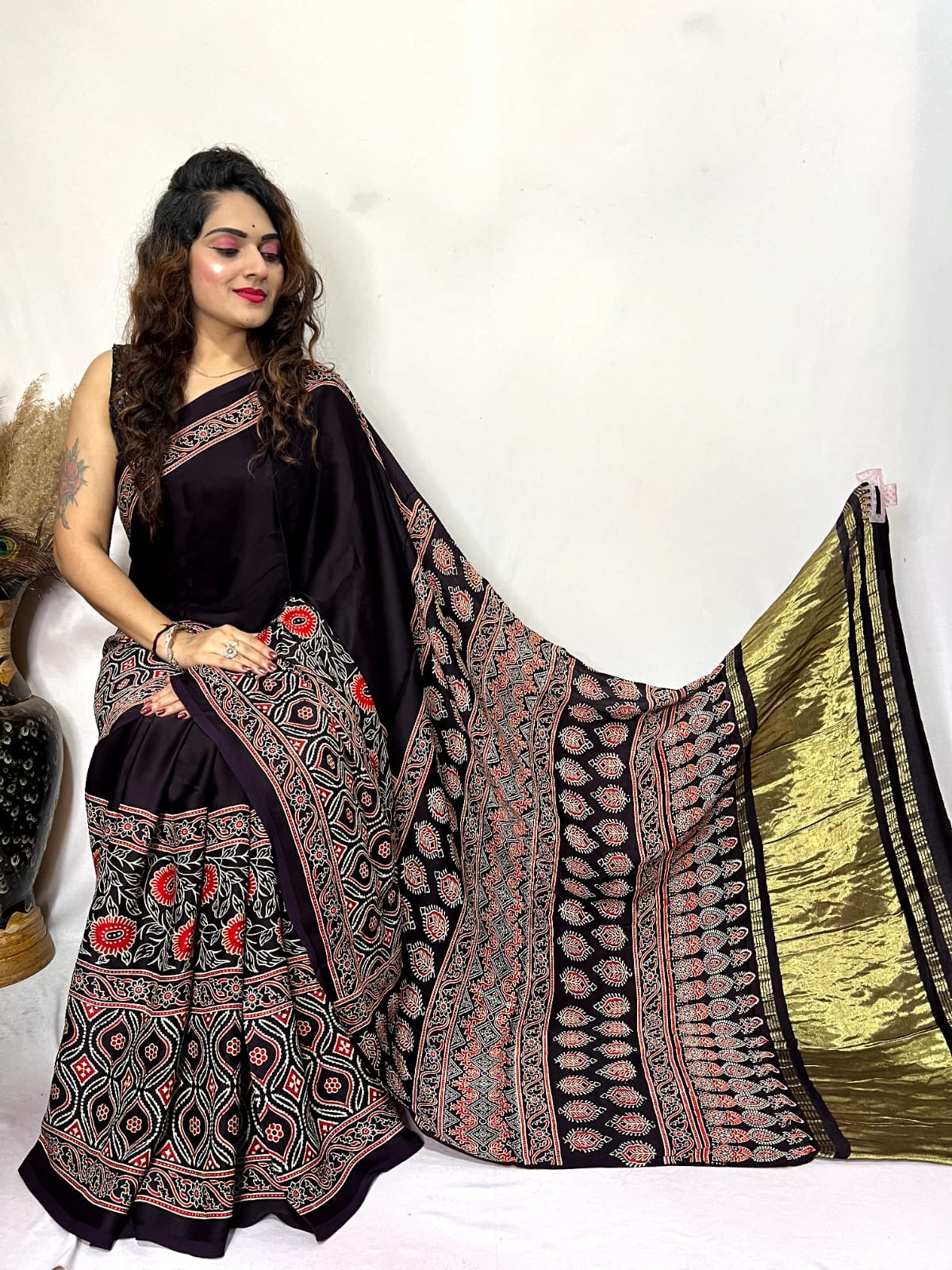 Modal fine Silk Hand Blocked Ajrakh work Saree - Premium from Ethenika.com - Just INR 5990! Shop now at Ethenika.com