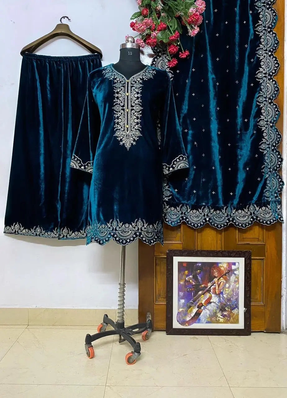 Winter Special Velvet Kurti Pallazo Dupatta Set (Stitched) - Premium from Ethenika.com - Just INR 2790! Shop now at Ethenika.com