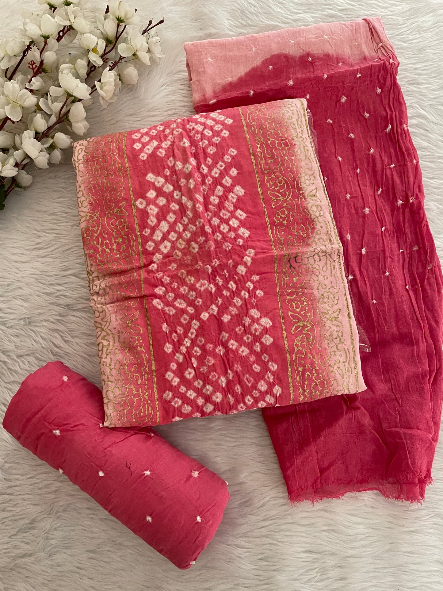 Cotton Satin Hand Block Print work Bandhani Dress Material (Unstitched) - Premium from Ethenika.com - Just INR 1890! Shop now at Ethenika.com