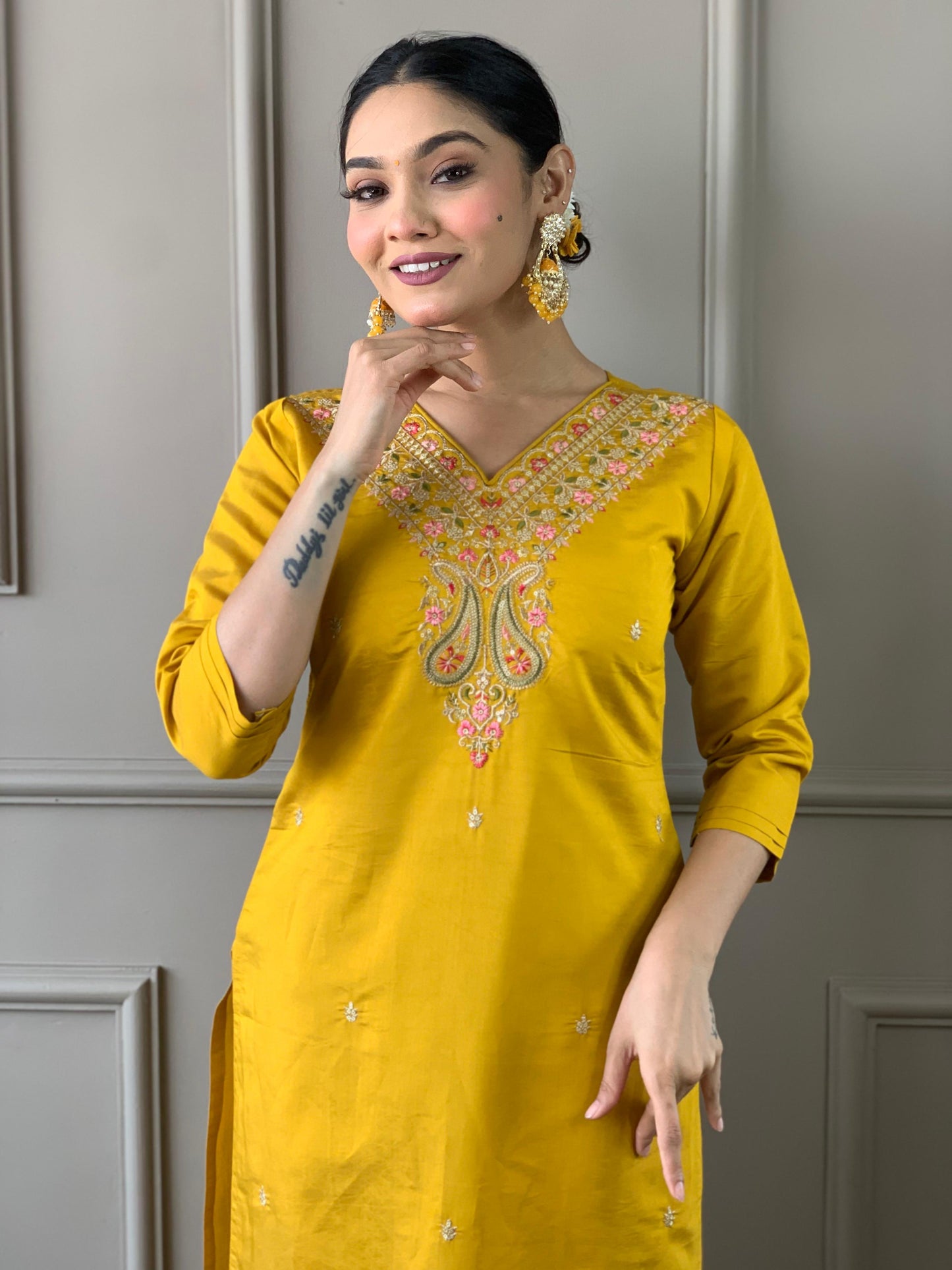 Viscos Chanderi Neck Stone Work Kurti Pant Dupatta Set (Stitched) - Premium from Ethenika.com - Just INR 2890! Shop now at Ethenika.com