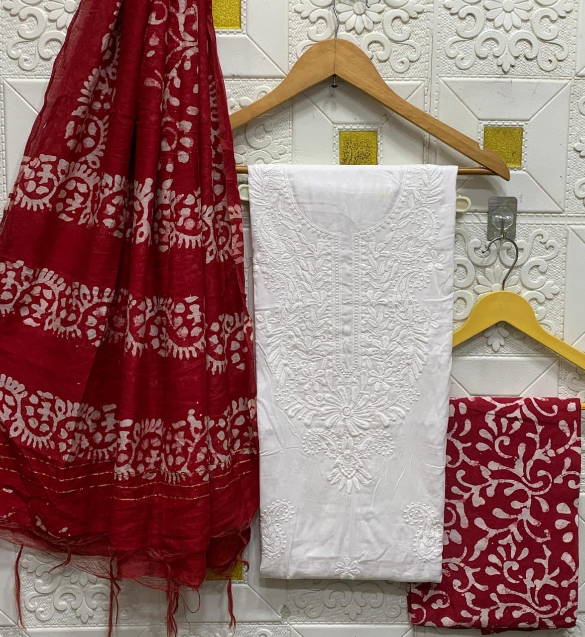 Cotton Lakhnavi Thread work Silk Batik Print Bottom Dupatta Dress Material (Unstitched) - Premium from Ethenika.com - Just INR 1890! Shop now at Ethenika.com