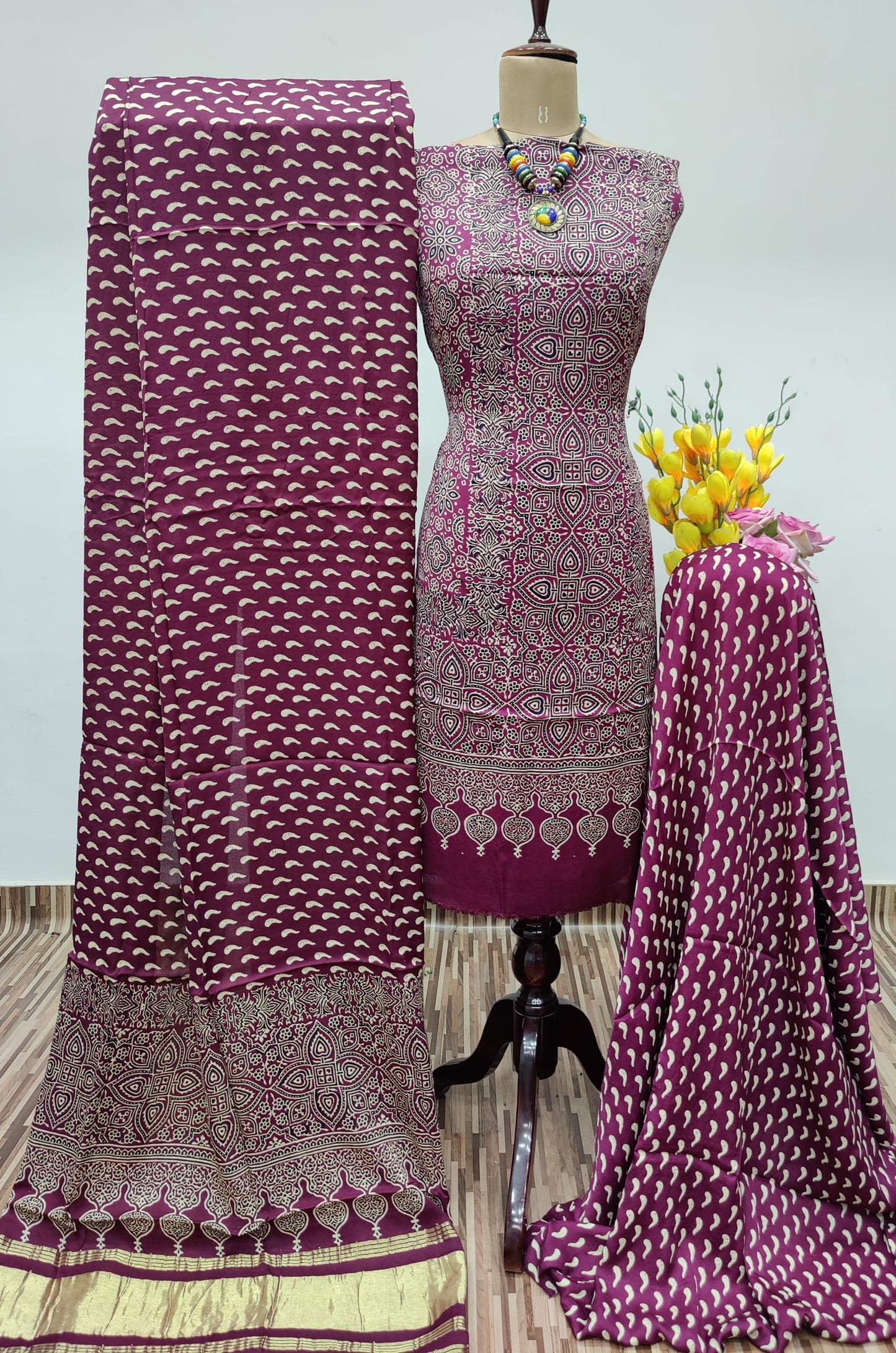 Modal Ghazi Silk Ajrakh Print Dress Material (Unstitched) - Premium from Ethenika.com - Just INR 5990! Shop now at Ethenika.com