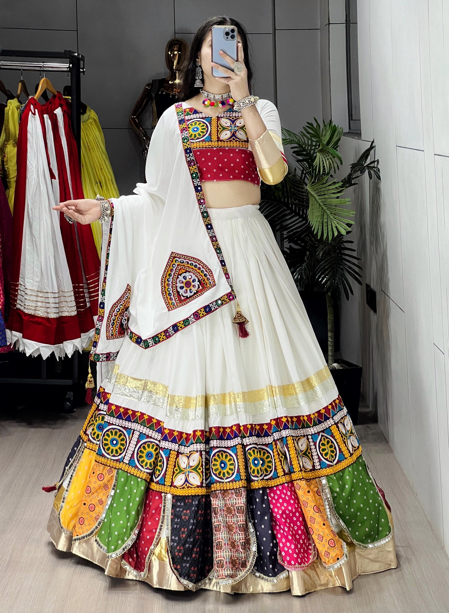 Pure Rayon Cotton Multi Kutchi Design White Concept 6M Flair Navratri Garba Chaniya Choli (Ready to Wear)