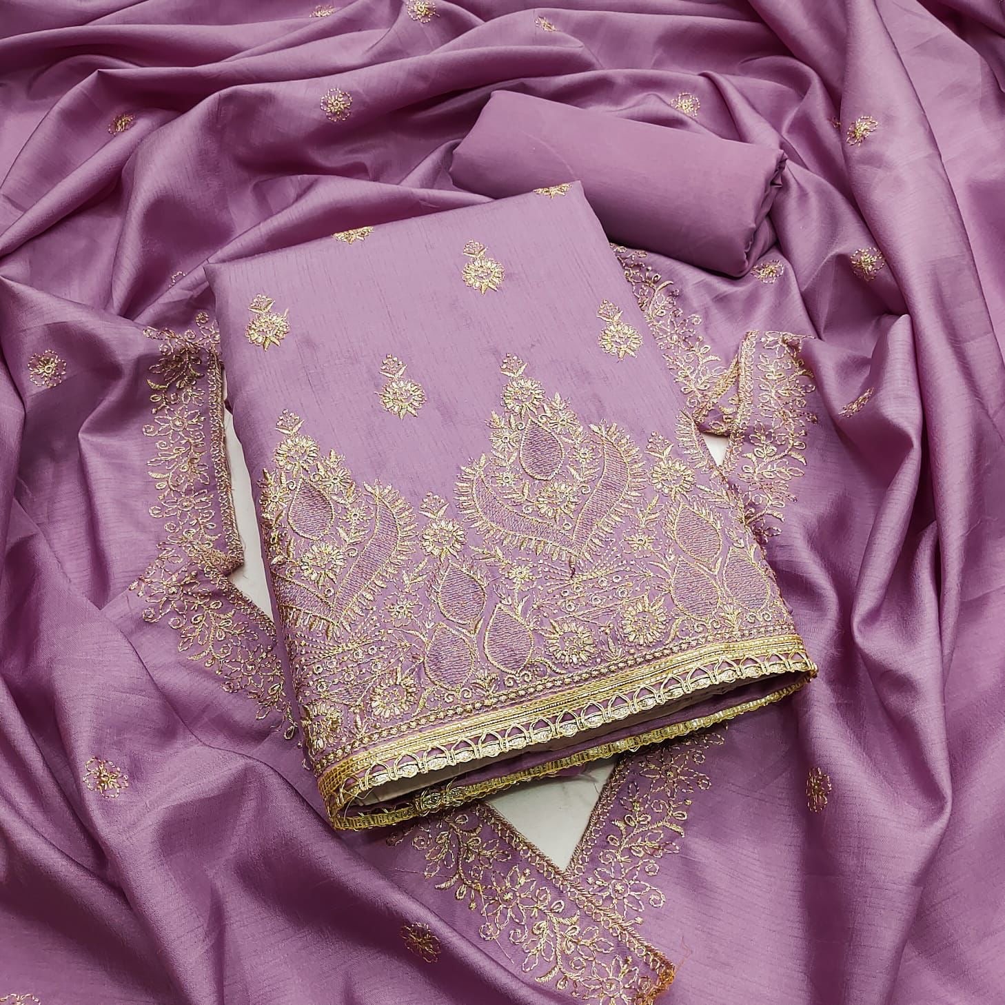 Cotton Golden Thread Embroidery Work Summer Special Dress Material for Women (Unstitched) Lavender Cotton Golden Thread Embroidery Work Summer Special Dress Material for Women (Unstitched) Lavender