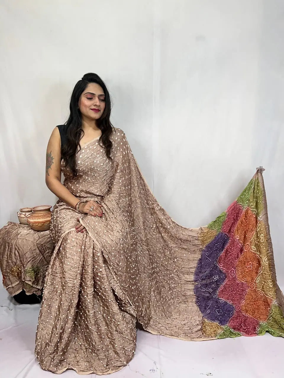 Pure Modal Silk Barik Bandhej Lagdi Pallu Bandhani Saree - Premium from Ethenika.com - Just INR 5990! Shop now at Ethenika.com