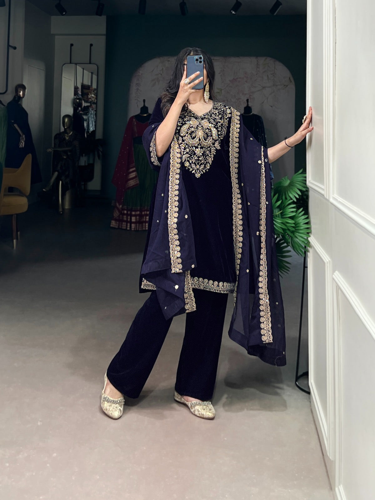 Ethenika Authentic Sequence Embroidery Work Designer Velvet Kurti Pant Dupatta Set (Ready to Wear) - Premium from Ethenika.com - Just INR 4990! Shop now at Ethenika.com