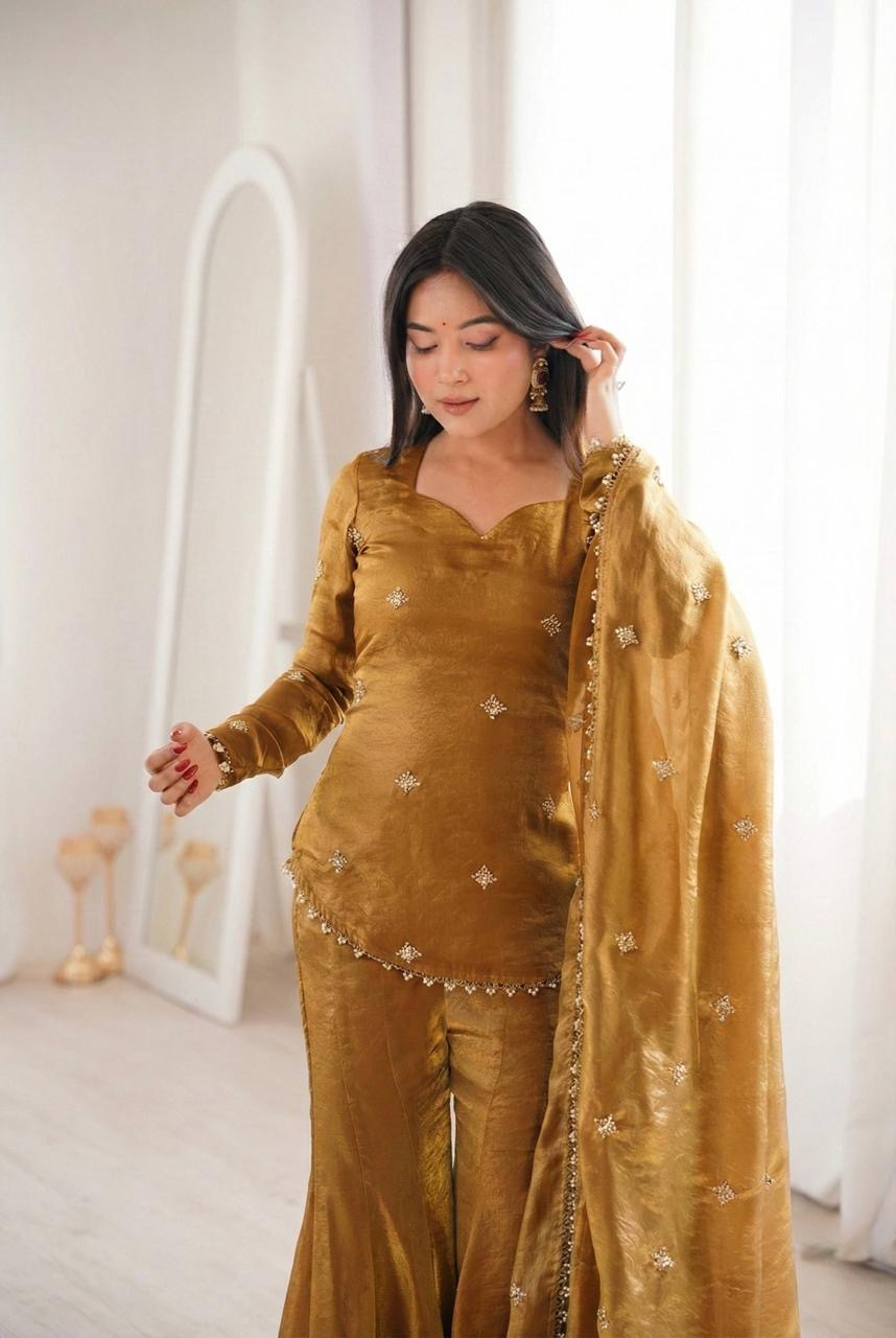 Fendy Silk Embroidery Work Kurti Sharara Dupatta Set