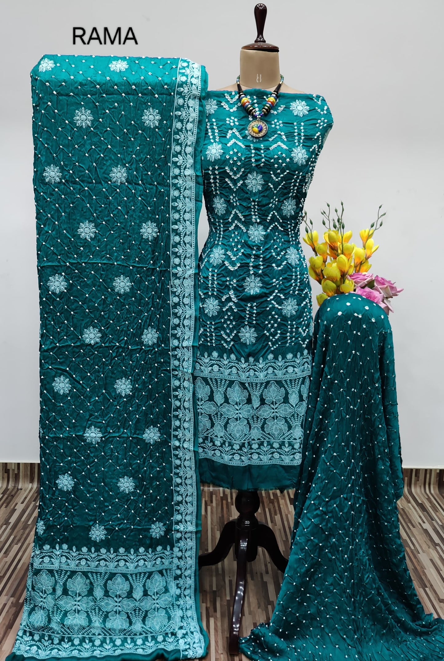 Modal Silk Lakhnavi Thread Embroidery work Bandhani Dress Material (Unstitched) - Premium from Ethenika.com - Just INR 4990! Shop now at Ethenika.com
