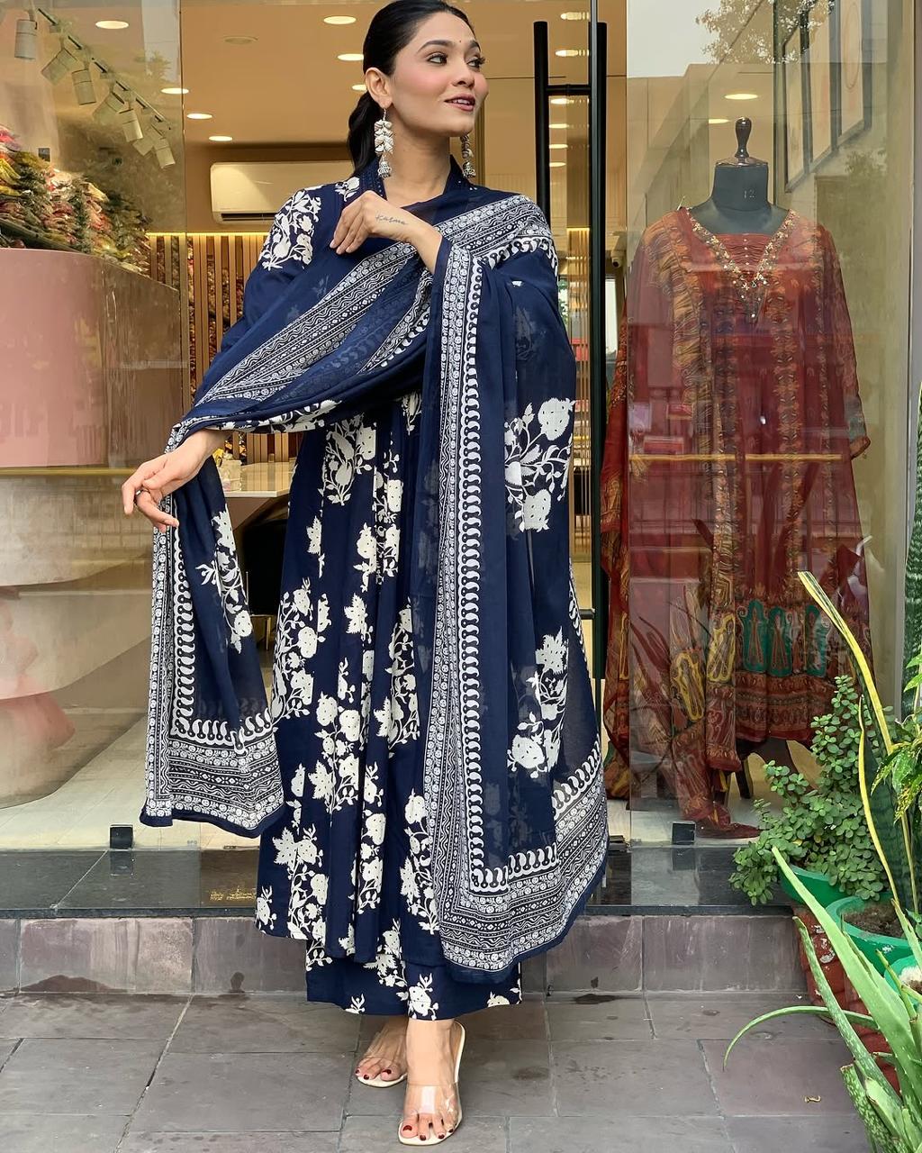 Pure Cotton Sanganeri Print Work Summer Wear Anarkali Flair Kurti Pant Dupatta Set ( Ready to Wear) - Premium from Ethenika.com - Just INR 1990! Shop now at Ethenika.com
