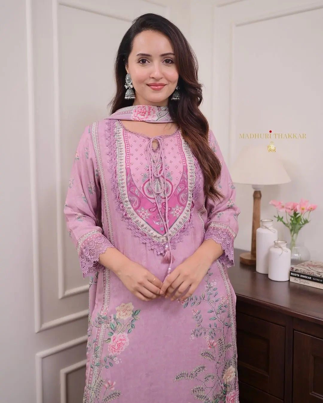 Lilac Muslin Floral Digital Printed Pakistani Kurti Pant Dupatta Set - Premium from Ethenika.com - Just INR 2490! Shop now at Ethenika.com
