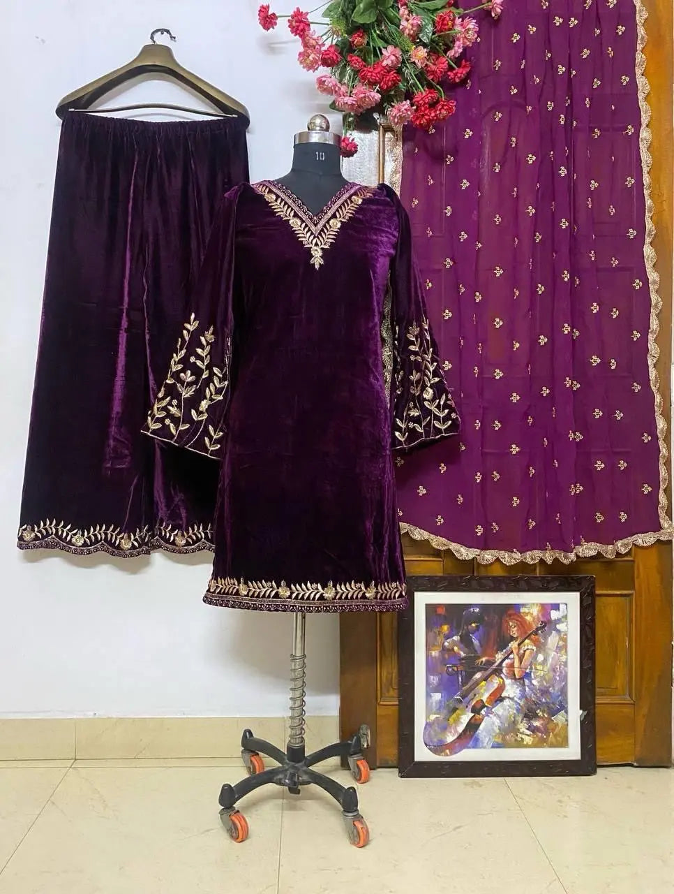 Lace work Velvet Kurti Pant Set ( Stitched) - Premium from Ethenika.com - Just INR 2190! Shop now at Ethenika.com