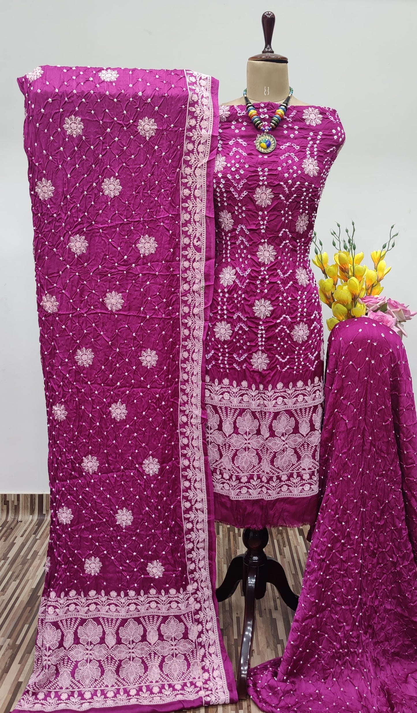 Modal Silk Lakhnavi Thread Embroidery work Bandhani Dress Material (Unstitched) - Premium from Ethenika.com - Just INR 4990! Shop now at Ethenika.com