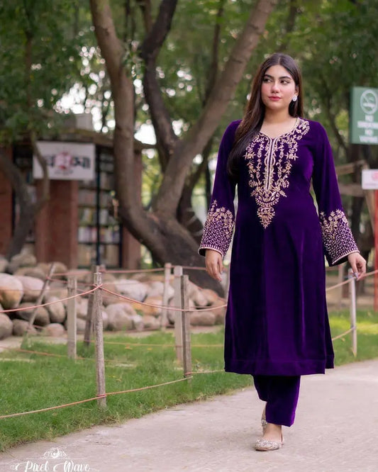 Ethenika Neck Embroidery work Velvet Suit - Premium  from Ethenika.com  - Just INR 2890! Shop now at Ethenika.com