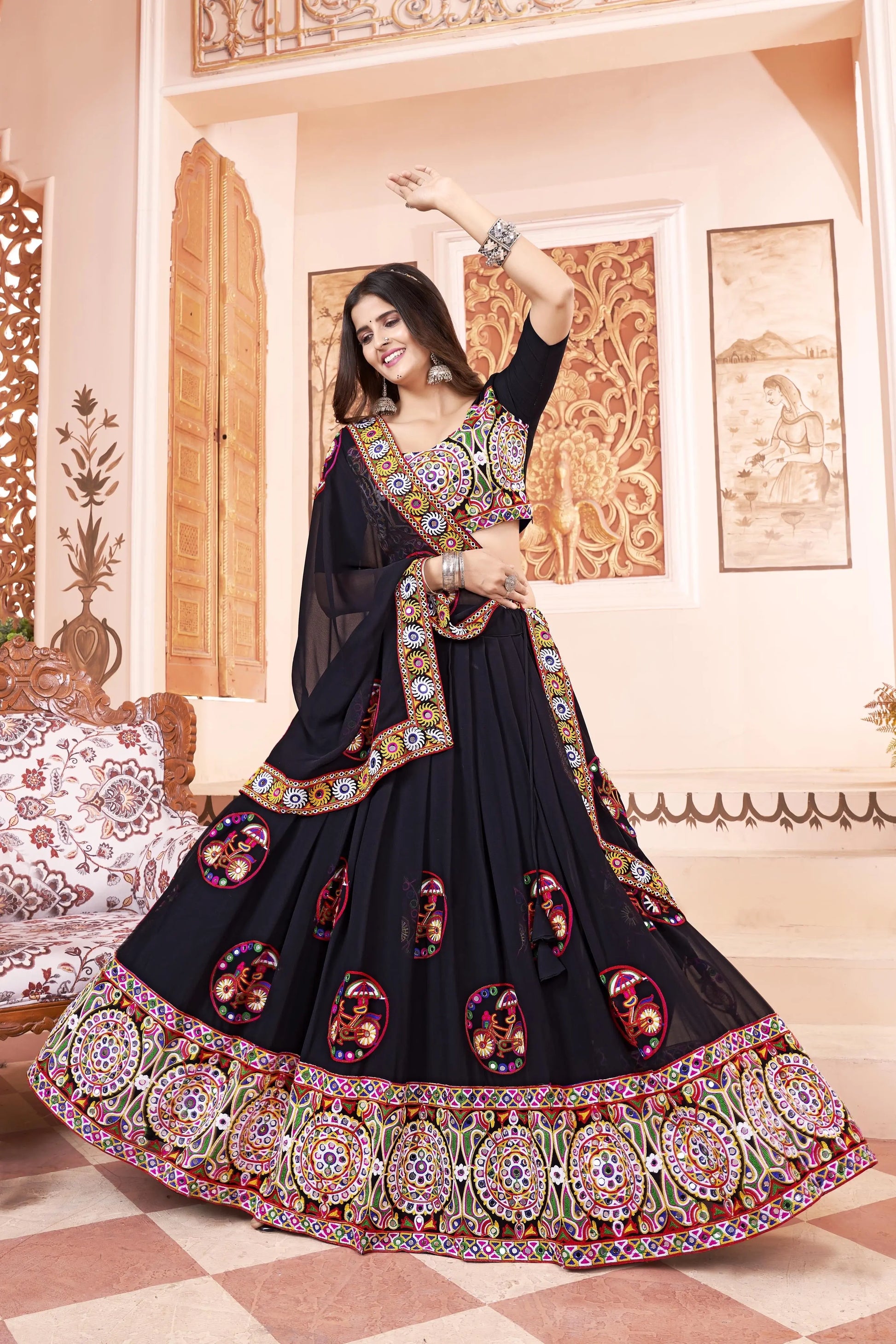 Faux Gerogette Full Mirror work Chaniya Choli (Stitched) - Premium  from Ethenika.com - Just INR 3999! Shop now at Ethenika.com