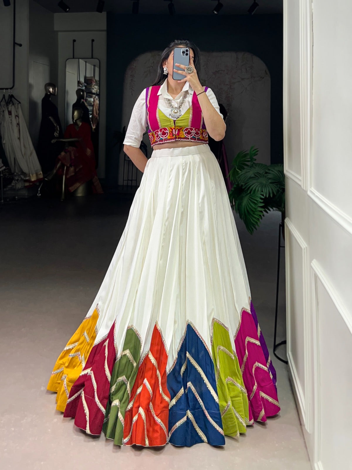 Rayon Multi Color Patch Lace Gamthi Kodi Work White Concept Navratri Special Lehenga Choli (Ready to Wear)